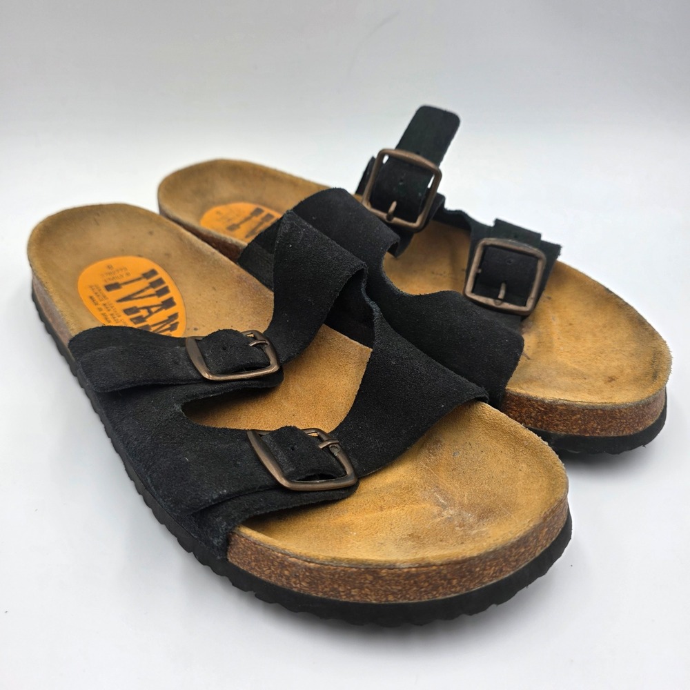 Ivan Emily 8 Black Suede Double Strap Buckle Slide Sandals Made in Spain Womens
